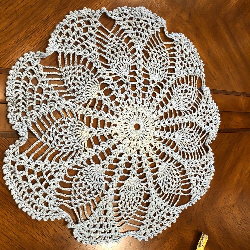 Light blue vintage lace hand crochet cotton doily 19"